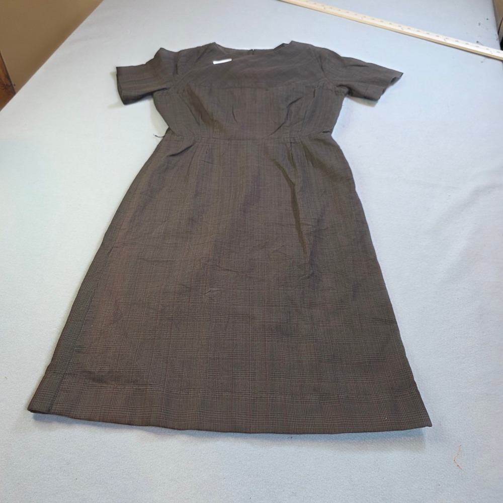 Vintage Mynette Brown Plaid Short Sleeve Midi Dress Academic Retro Size S